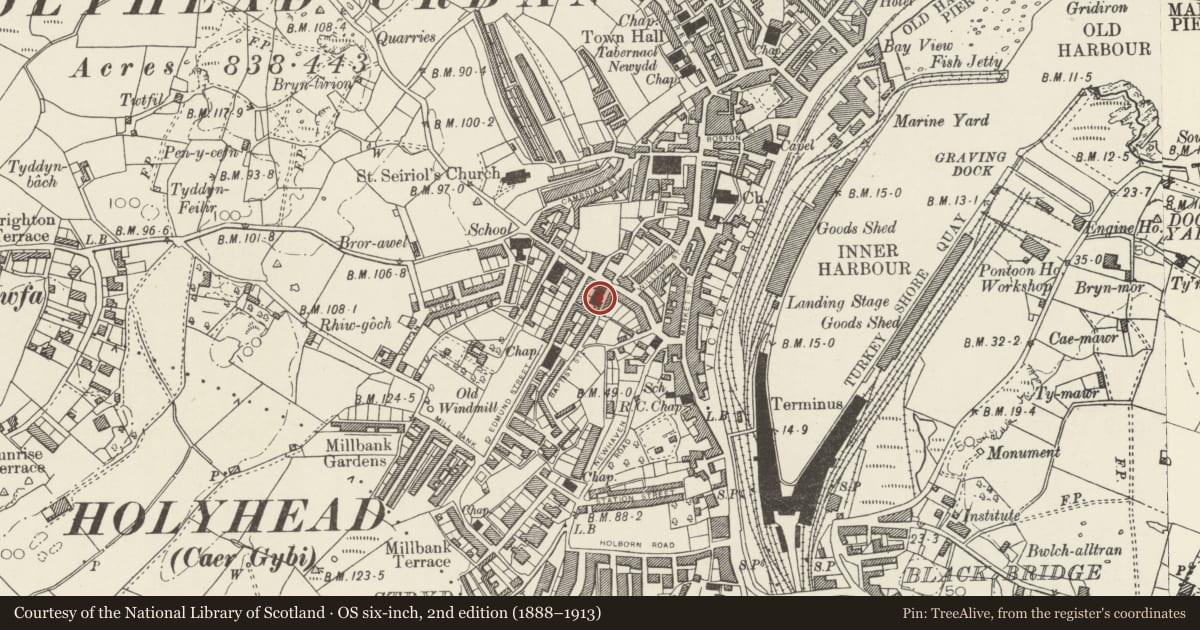 Ordnance Survey six-inch map, 2nd edition (1888–1913) covering the location of Tabernacl Chapel, Holyhead, Isle of Anglesey, with a pin at the register's coordinates