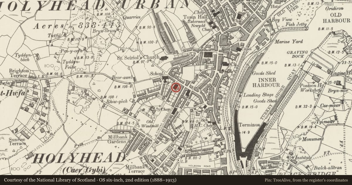 Ordnance Survey six-inch map, 2nd edition (1888–1913) covering the location of Hyfrydle Chapel (including Forecourt Gates and Railings), Holyhead, Isle of Anglesey, with a pin at the register's coordinates
