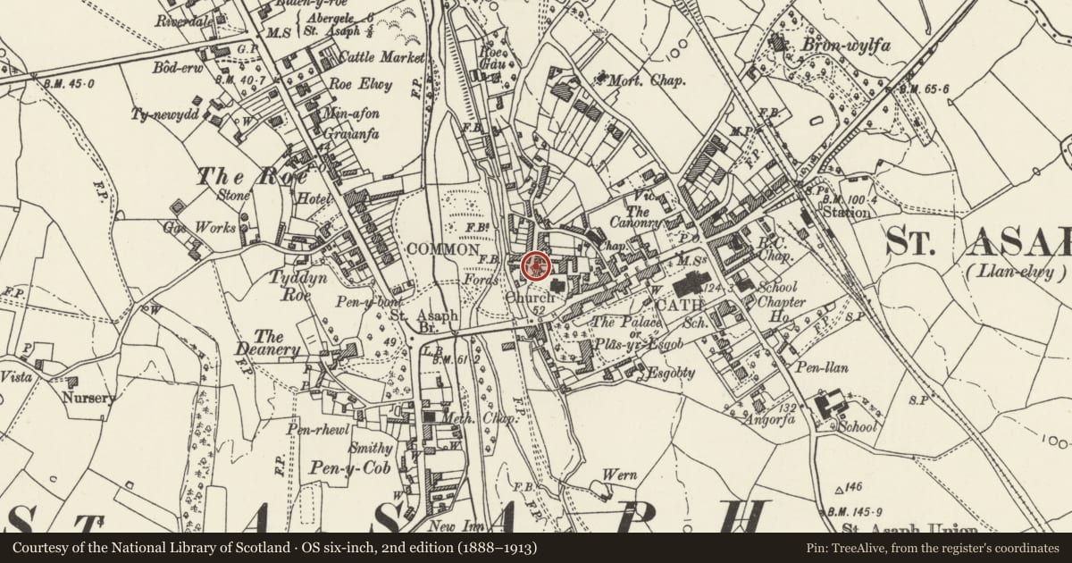 Ordnance Survey six-inch map, 2nd edition (1888–1913) covering the location of The old China Shop, including China House, St. Asaph, Denbighshire, with a pin at the register's coordinates