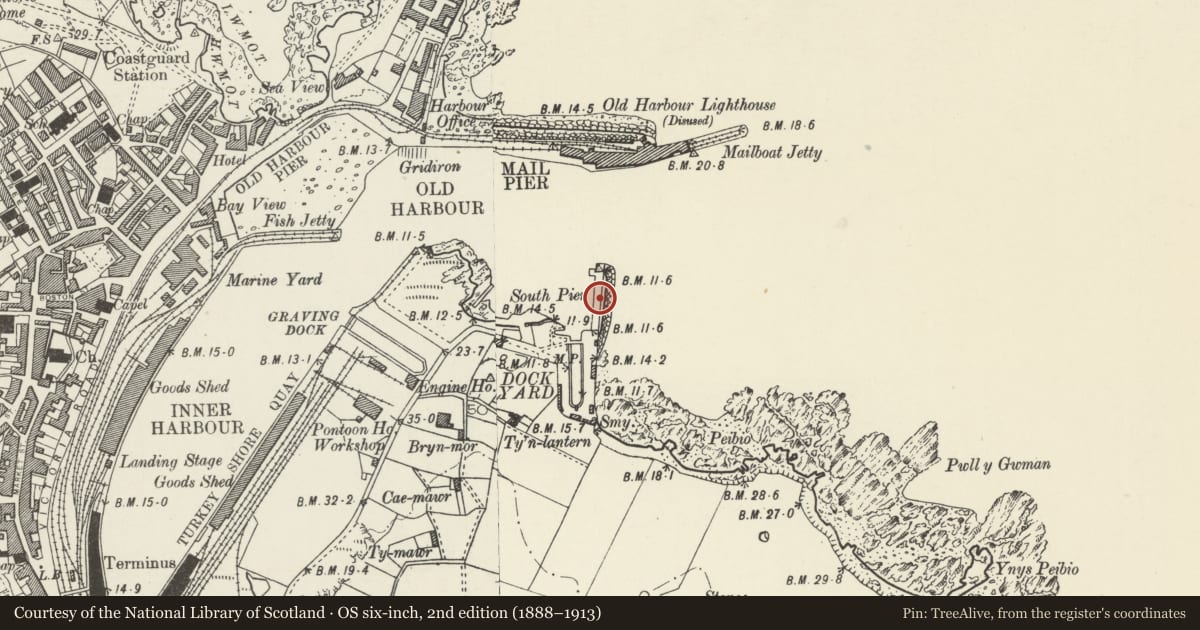 Ordnance Survey six-inch map, 2nd edition (1888–1913) covering the location of South Pier, Holyhead, Isle of Anglesey, with a pin at the register's coordinates