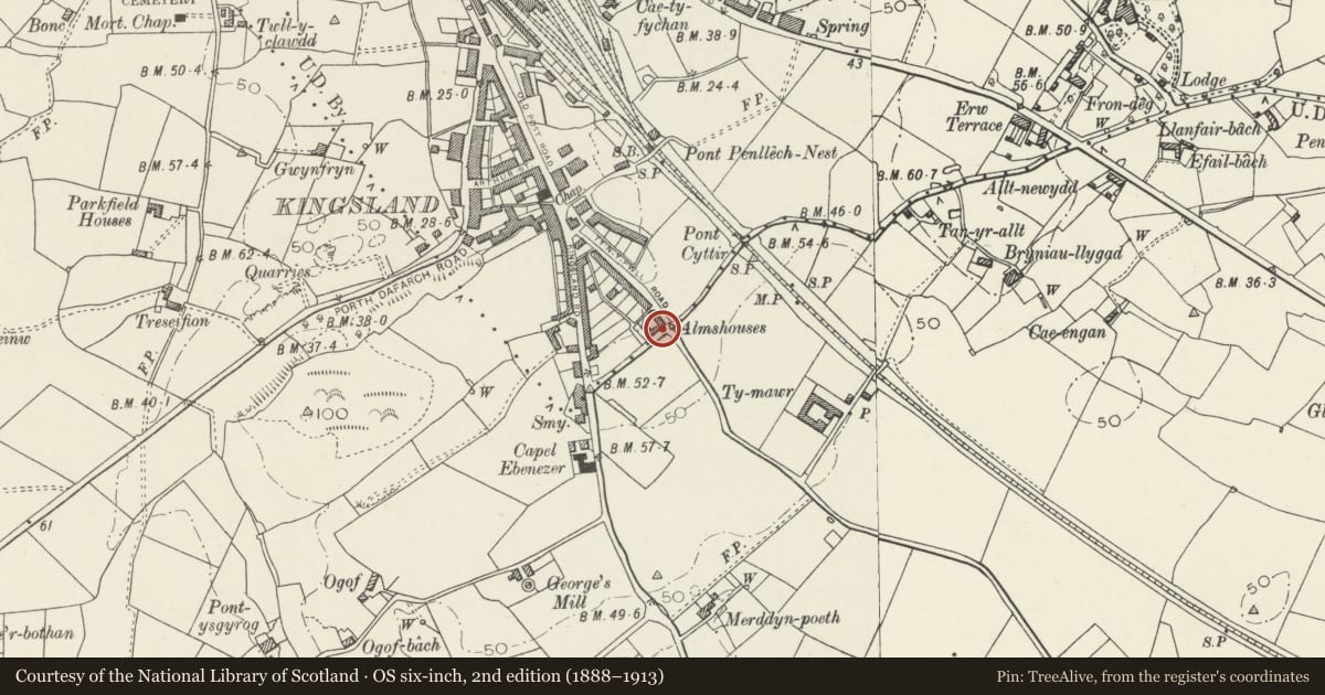 Ordnance Survey six-inch map, 2nd edition (1888–1913) covering the location of Stanley Cottages, Holyhead, Isle of Anglesey, with a pin at the register's coordinates
