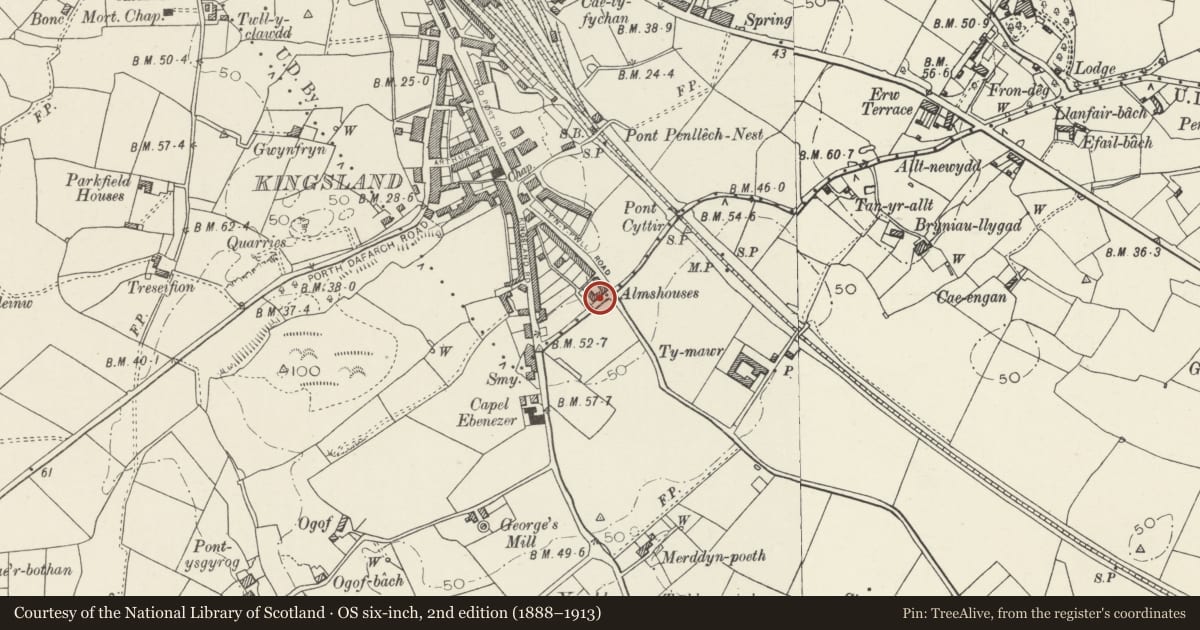 Ordnance Survey six-inch map, 2nd edition (1888–1913) covering the location of Stanley Cottages, Holyhead, Isle of Anglesey, with a pin at the register's coordinates