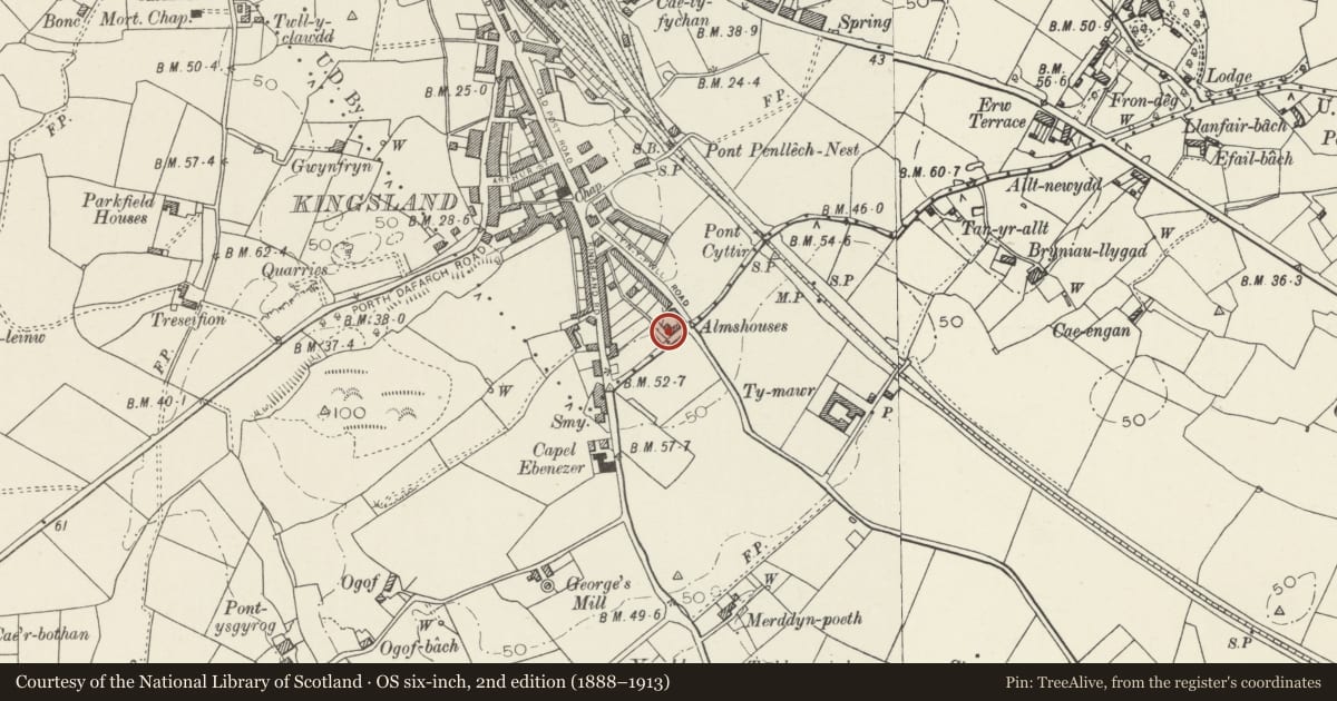 Ordnance Survey six-inch map, 2nd edition (1888–1913) covering the location of Stanley Cottages, Holyhead, Isle of Anglesey, with a pin at the register's coordinates