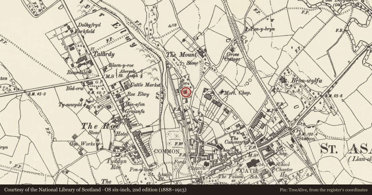 Ordnance Survey six-inch map, 2nd edition (1888–1913) covering the location of Roe Gau, St. Asaph, Denbighshire, with a pin at the register's coordinates