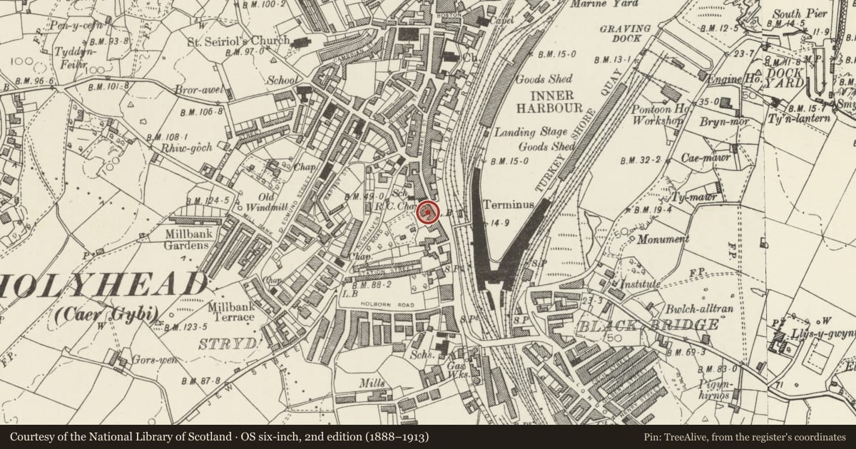 Ordnance Survey six-inch map, 2nd edition (1888–1913) covering the location of 5 Victoria Terrace, Holyhead, Isle of Anglesey, with a pin at the register's coordinates