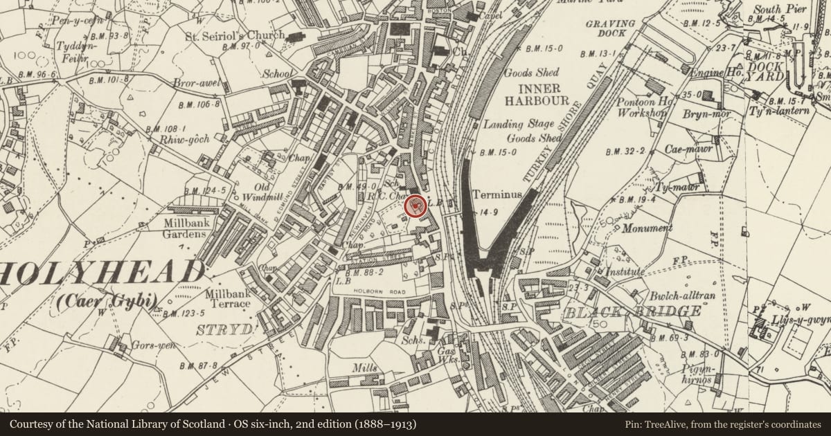 Ordnance Survey six-inch map, 2nd edition (1888–1913) covering the location of 6 Victoria Terrace, Holyhead, Isle of Anglesey, with a pin at the register's coordinates