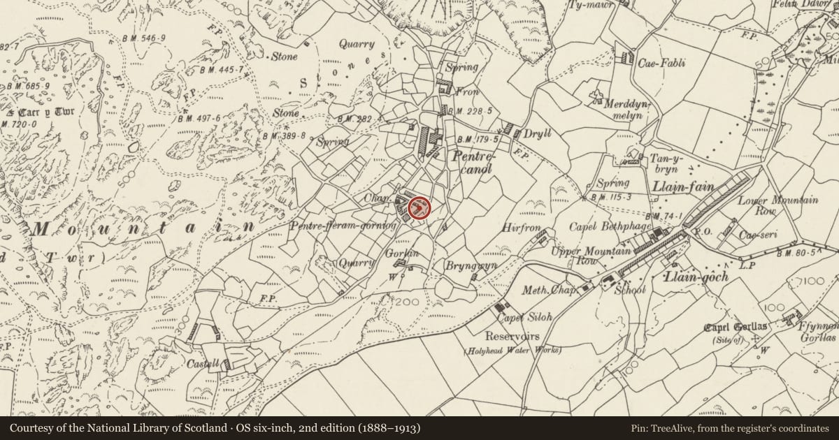 Ordnance Survey six-inch map, 2nd edition (1888–1913) covering the location of Cottage on corner of Pentre Pella (including Foregardem Wall), Holyhead, Isle of Anglesey, with a pin at the register's coordinates