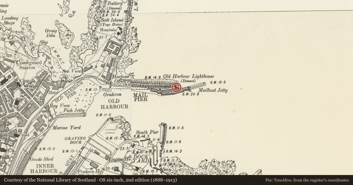 Ordnance Survey six-inch map, 2nd edition (1888–1913) covering the location of Lighthouse on Admiralty Pier, Holyhead, Isle of Anglesey, with a pin at the register's coordinates