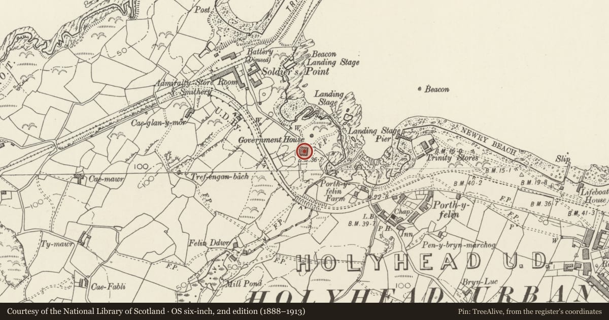 Ordnance Survey six-inch map, 2nd edition (1888–1913) covering the location of Porthyfelin House, Holyhead, Isle of Anglesey, with a pin at the register's coordinates