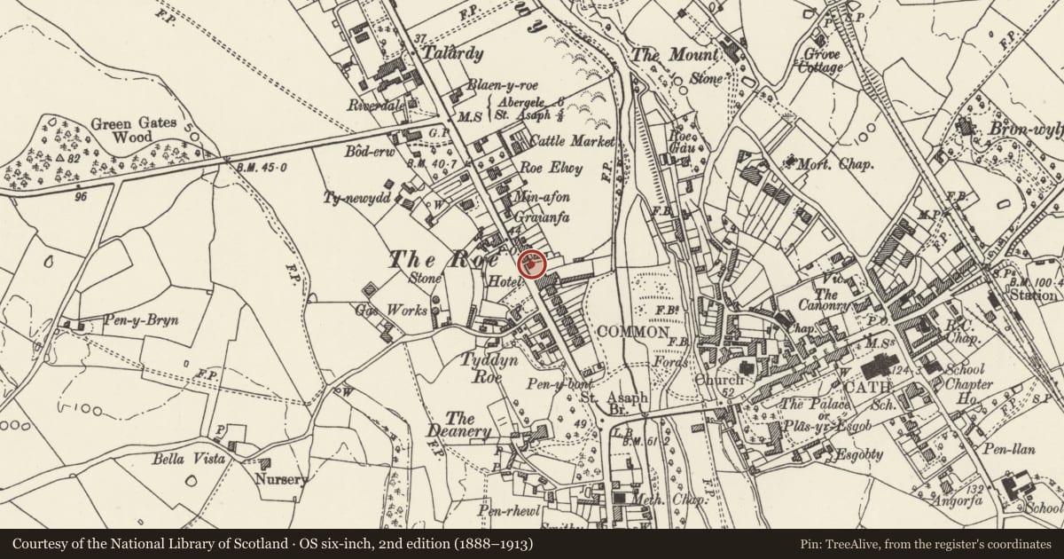 Ordnance Survey six-inch map, 2nd edition (1888–1913) covering the location of Suncot, St. Asaph, Denbighshire, with a pin at the register's coordinates
