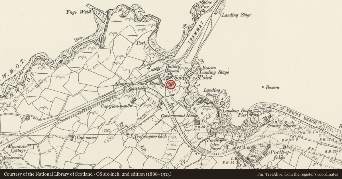 Ordnance Survey six-inch map, 2nd edition (1888–1913) covering the location of Soldier's Point House, Holyhead, Isle of Anglesey, with a pin at the register's coordinates