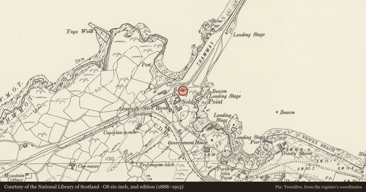 Ordnance Survey six-inch map, 2nd edition (1888–1913) covering the location of Screen Wall to Soldier's Point House, Holyhead, Isle of Anglesey, with a pin at the register's coordinates