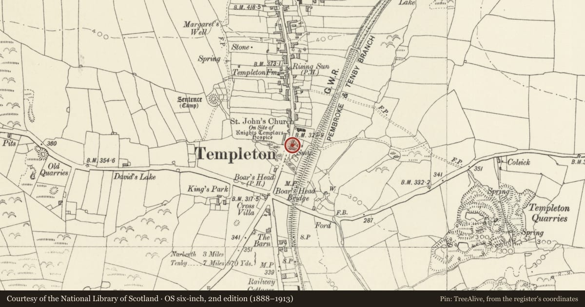 Ordnance Survey six-inch map, 2nd edition (1888–1913) covering the location of Poyer's Farmhouse, Templeton, Pembrokeshire, with a pin at the register's coordinates