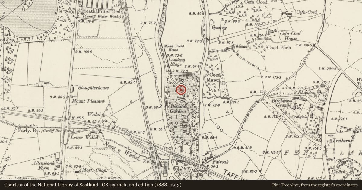 Ordnance Survey six-inch map, 2nd edition (1888–1913) covering the location of Footbridge over the Roath Brook near the Lake Dam, Cyncoed, Cardiff, with a pin at the register's coordinates