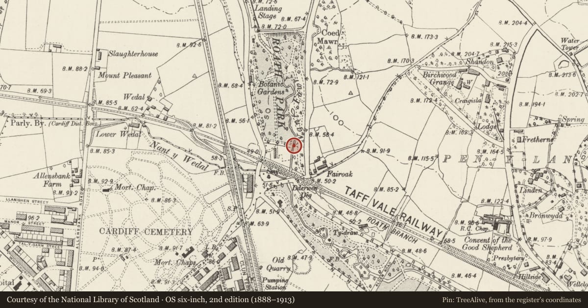 Ordnance Survey six-inch map, 2nd edition (1888–1913) covering the location of Footbridge over the Roath Brook near the Conservatory, Cyncoed, Cardiff, with a pin at the register's coordinates