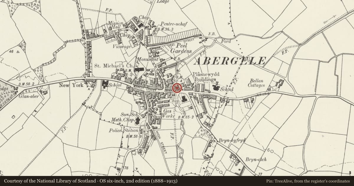 Ordnance Survey six-inch map, 2nd edition (1888–1913) covering the location of The Pen-y-bont Inn, Abergele, Conwy, with a pin at the register's coordinates