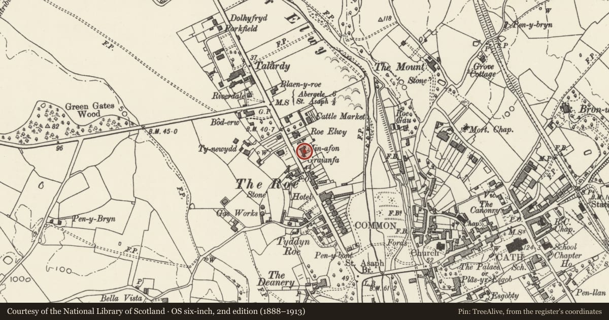 Ordnance Survey six-inch map, 2nd edition (1888–1913) covering the location of Min-Afon, St. Asaph, Denbighshire, with a pin at the register's coordinates