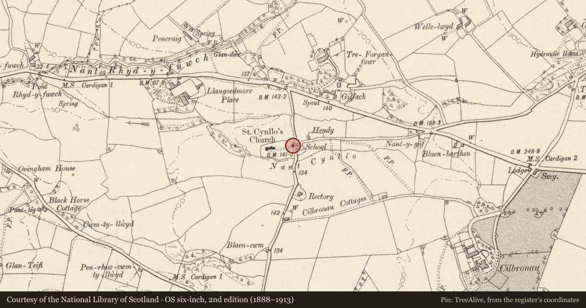 Ordnance Survey six-inch map, 2nd edition (1888–1913) covering the location of Churchyard gates and gatepiers, Llangoedmor, Ceredigion, with a pin at the register's coordinates