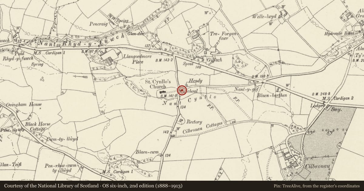 Ordnance Survey six-inch map, 2nd edition (1888–1913) covering the location of The Old School, Llangoedmor, Ceredigion, with a pin at the register's coordinates