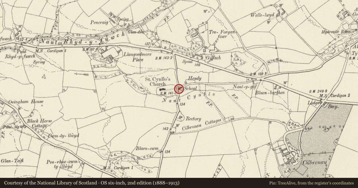 Ordnance Survey six-inch map, 2nd edition (1888–1913) covering the location of Schoolhouse, Llangoedmor, Ceredigion, with a pin at the register's coordinates