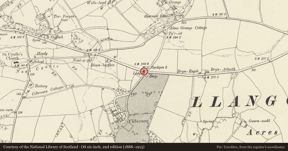 Ordnance Survey six-inch map, 2nd edition (1888–1913) covering the location of Milestone to W of Entrance to Cilbronnau, Llangoedmor, Ceredigion, with a pin at the register's coordinates