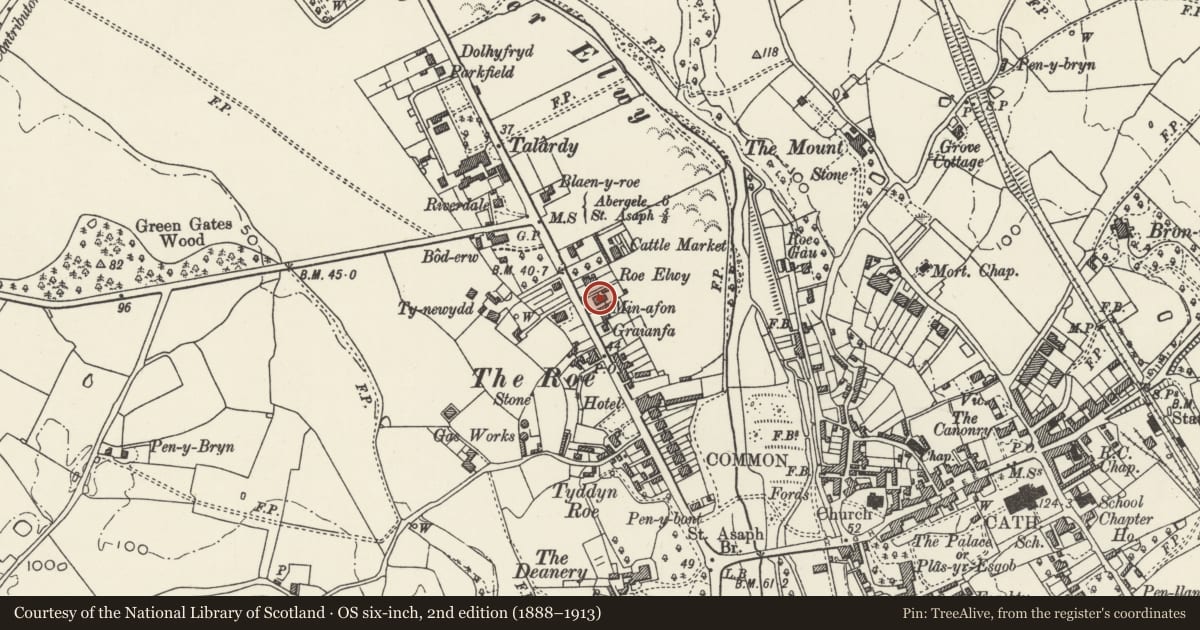Ordnance Survey six-inch map, 2nd edition (1888–1913) covering the location of Glandwr (St. Asaph Cricket & Social Club), Denbighshire, with a pin at the register's coordinates