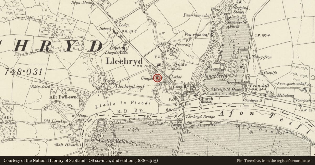 Ordnance Survey six-inch map, 2nd edition (1888–1913) covering the location of Yr Hen Gapel, Llangoedmor, Ceredigion, with a pin at the register's coordinates