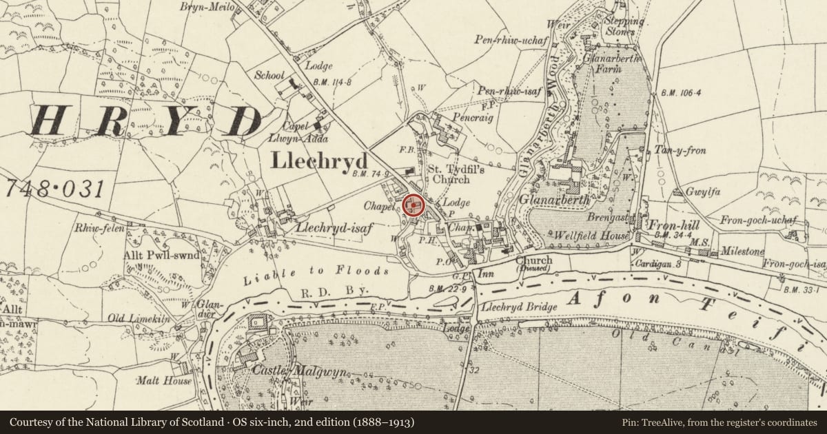 Ordnance Survey six-inch map, 2nd edition (1888–1913) covering the location of Forecourt Gates Gatepiers and Railings, Llangoedmor, Ceredigion, with a pin at the register's coordinates
