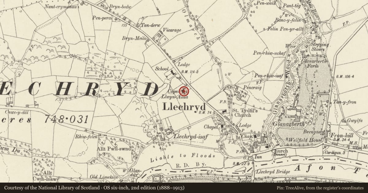 Ordnance Survey six-inch map, 2nd edition (1888–1913) covering the location of Capel Llwynadda, Llangoedmor, Ceredigion, with a pin at the register's coordinates