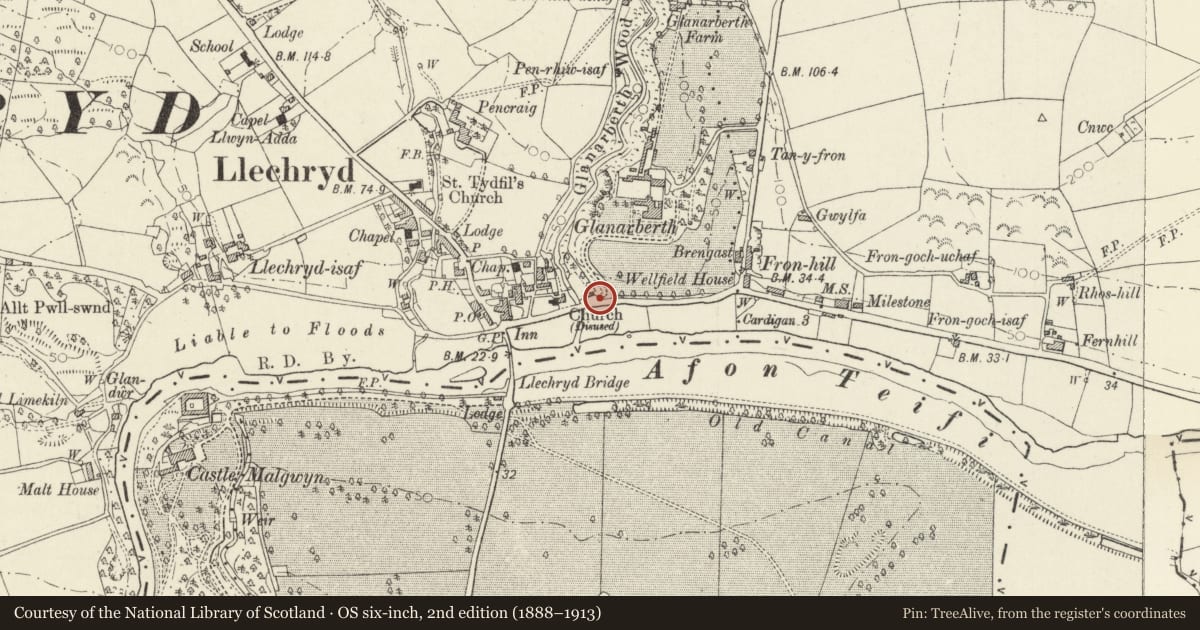 Ordnance Survey six-inch map, 2nd edition (1888–1913) covering the location of Entrance Gates Piers and Railings at Glanarberth, Llangoedmor, Ceredigion, with a pin at the register's coordinates