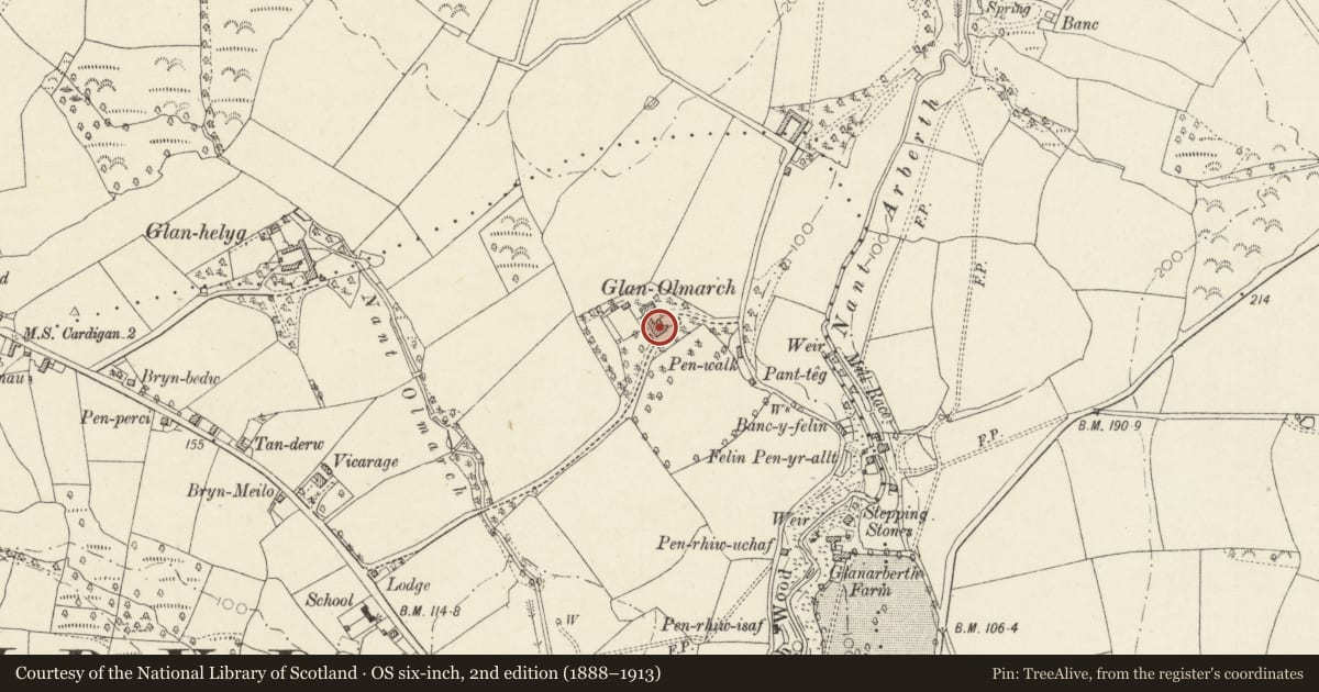 Ordnance Survey six-inch map, 2nd edition (1888–1913) covering the location of Glanolmarch, Llangoedmor, Ceredigion, with a pin at the register's coordinates