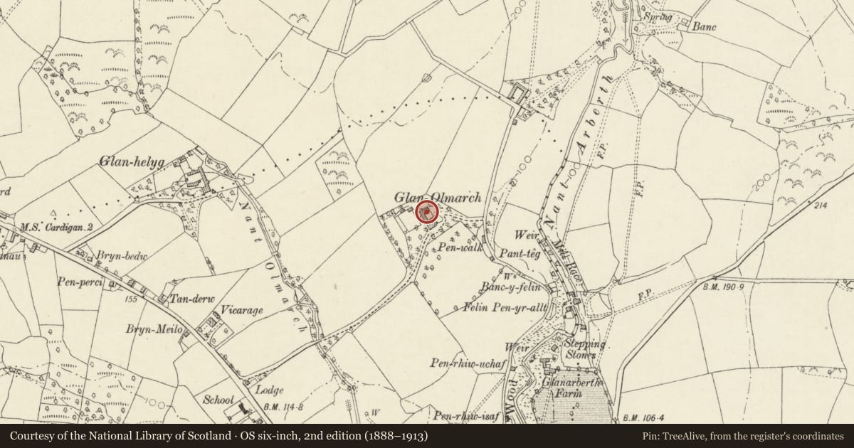 Ordnance Survey six-inch map, 2nd edition (1888–1913) covering the location of Detached Lower N Range at Glanolmarch, Llangoedmor, Ceredigion, with a pin at the register's coordinates