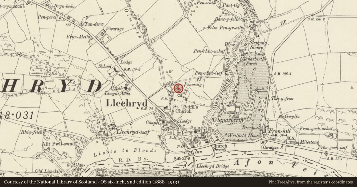 Ordnance Survey six-inch map, 2nd edition (1888–1913) covering the location of Stable block to NW of Pencraig, Llangoedmor, Ceredigion, with a pin at the register's coordinates