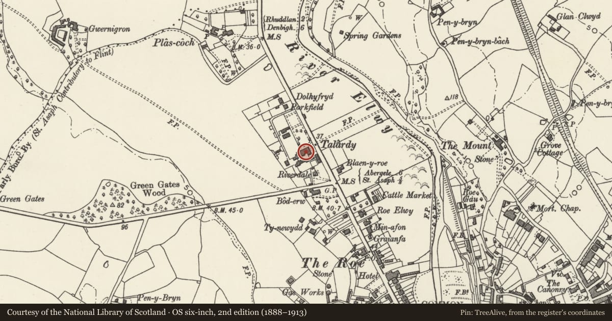 Ordnance Survey six-inch map, 2nd edition (1888–1913) covering the location of Talardy Hotel, St. Asaph, Denbighshire, with a pin at the register's coordinates