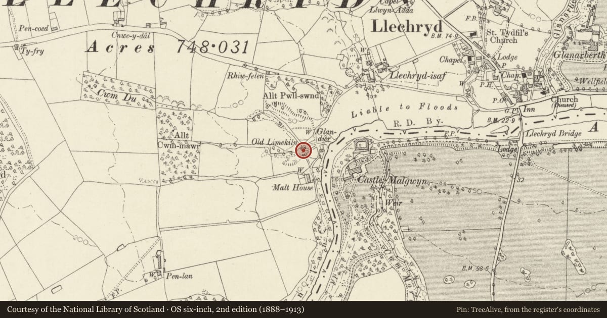 Ordnance Survey six-inch map, 2nd edition (1888–1913) covering the location of Limekiln to S of Sewage works and N of Ffynonoer, Llangoedmor, Ceredigion, with a pin at the register's coordinates