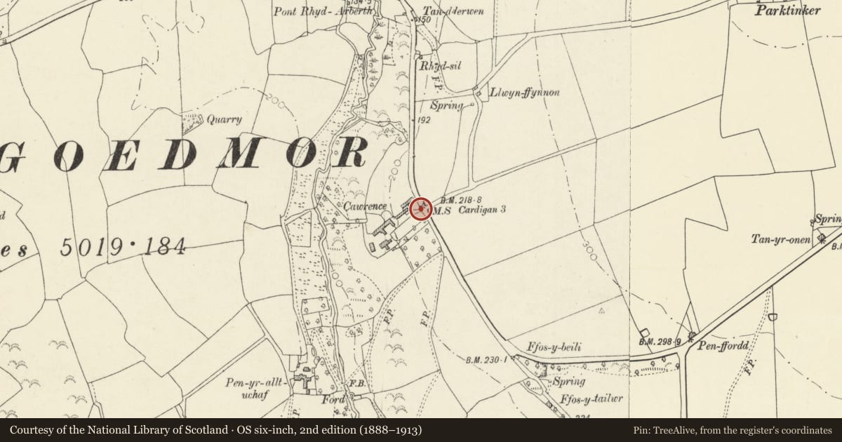 Ordnance Survey six-inch map, 2nd edition (1888–1913) covering the location of Milestone in wall at Entrance to Cawrence, Llangoedmor, Ceredigion, with a pin at the register's coordinates