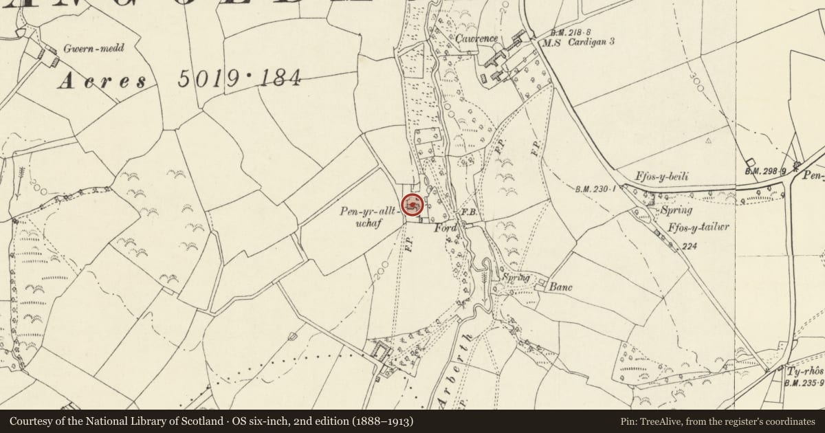 Ordnance Survey six-inch map, 2nd edition (1888–1913) covering the location of Penrallt Uchaf, Llangoedmor, Ceredigion, with a pin at the register's coordinates