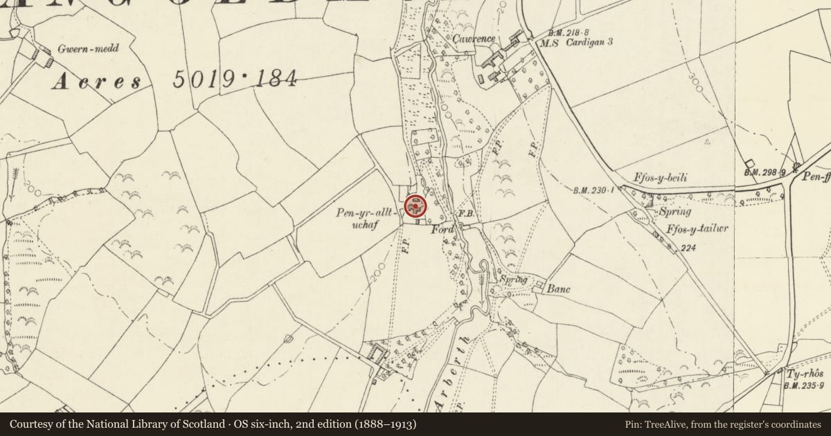 Ordnance Survey six-inch map, 2nd edition (1888–1913) covering the location of Attached Barn range to Penrallt Uchaf, Llangoedmor, Ceredigion, with a pin at the register's coordinates