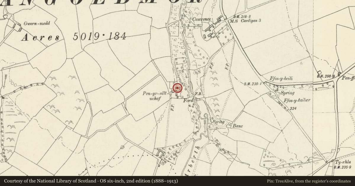 Ordnance Survey six-inch map, 2nd edition (1888–1913) covering the location of Outbuilding to NE of Penrallt Uchaf, Llangoedmor, Ceredigion, with a pin at the register's coordinates