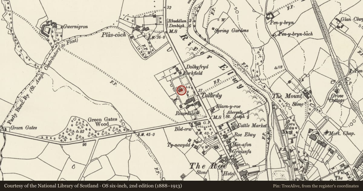 Ordnance Survey six-inch map, 2nd edition (1888–1913) covering the location of Greenhouse at Talardy Hotel, St. Asaph, Denbighshire, with a pin at the register's coordinates