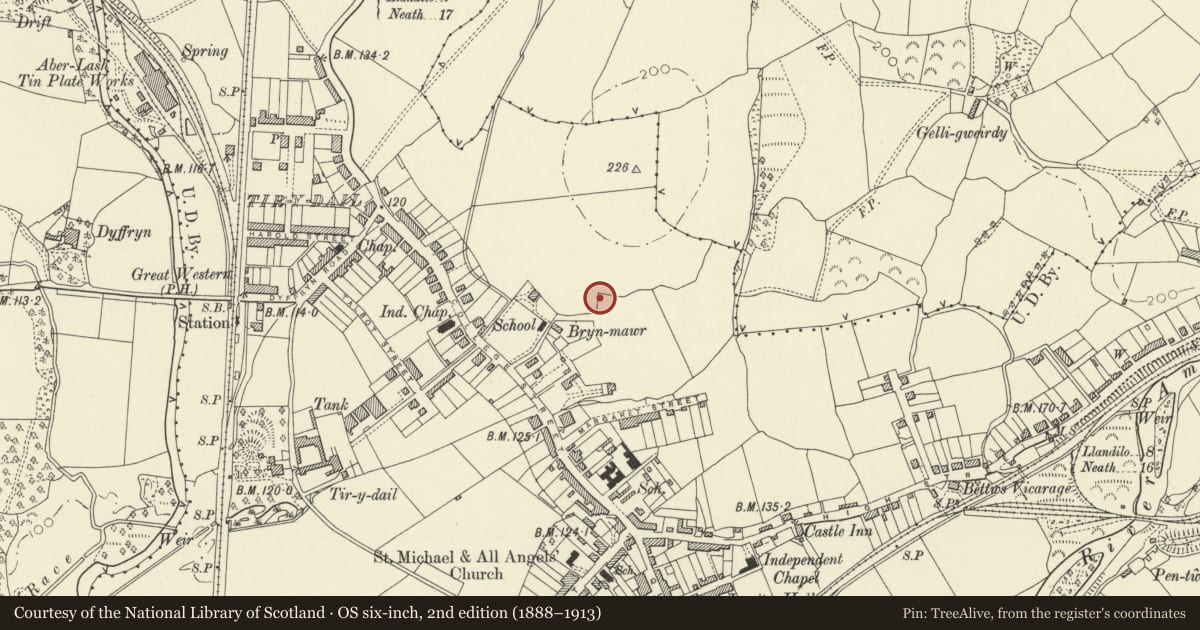 Ordnance Survey six-inch map, 2nd edition (1888–1913) covering the location of All Saints Church, Ammanford, Carmarthenshire, with a pin at the register's coordinates
