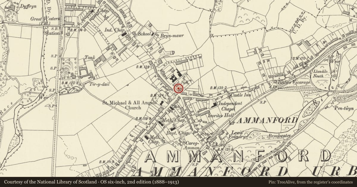 Ordnance Survey six-inch map, 2nd edition (1888–1913) covering the location of The Arcade, Ammanford, Carmarthenshire, with a pin at the register's coordinates
