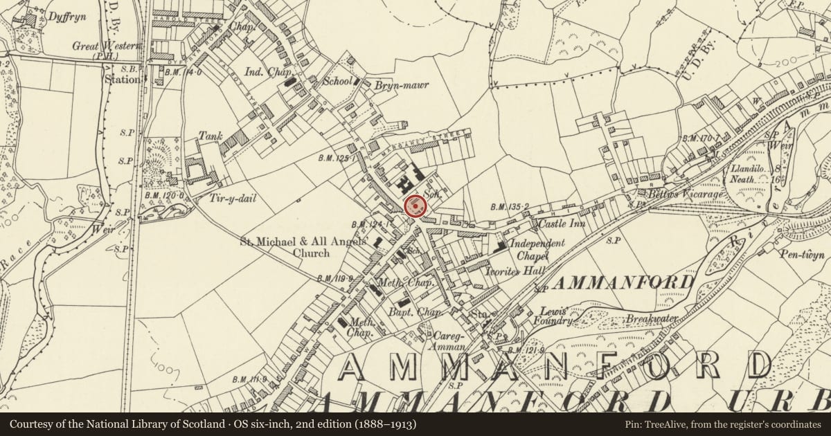 Ordnance Survey six-inch map, 2nd edition (1888–1913) covering the location of The Arcade, Ammanford, Carmarthenshire, with a pin at the register's coordinates