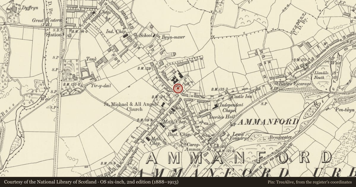 Ordnance Survey six-inch map, 2nd edition (1888–1913) covering the location of The Arcade, Ammanford, Carmarthenshire, with a pin at the register's coordinates