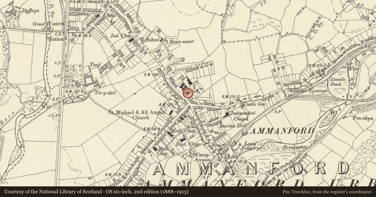Ordnance Survey six-inch map, 2nd edition (1888–1913) covering the location of The Arcade (consec nos), Ammanford, Carmarthenshire, with a pin at the register's coordinates