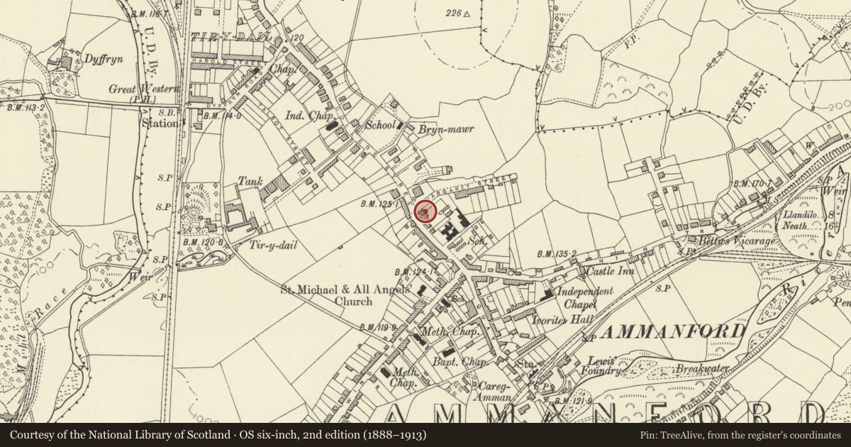 Ordnance Survey six-inch map, 2nd edition (1888–1913) covering the location of 33 College Street, Ammanford, Carmarthenshire, with a pin at the register's coordinates