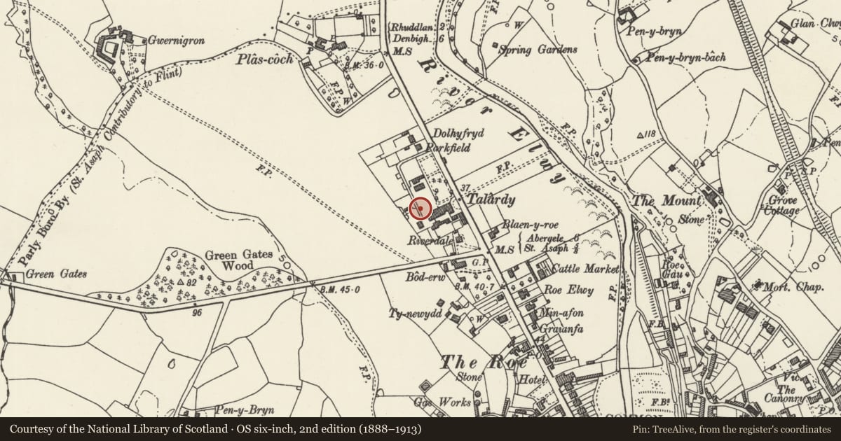 Ordnance Survey six-inch map, 2nd edition (1888–1913) covering the location of Walled Garden at Talardy Hotel, St. Asaph, Denbighshire, with a pin at the register's coordinates