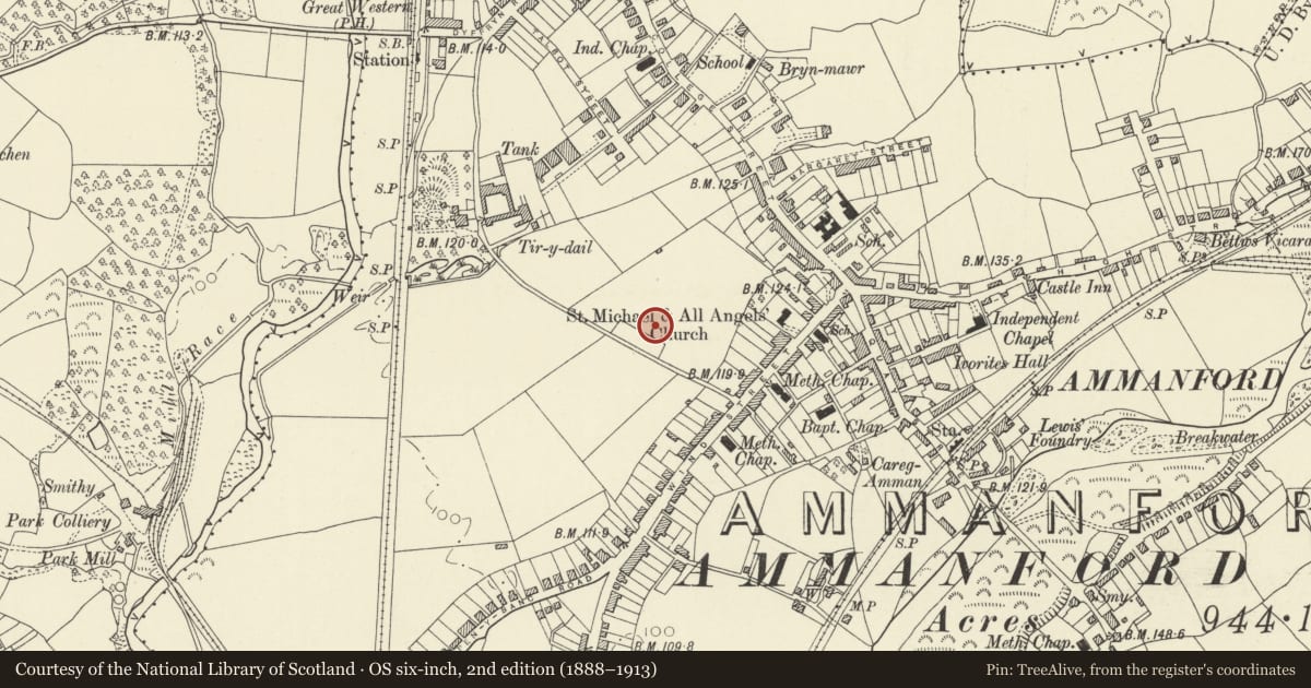Ordnance Survey six-inch map, 2nd edition (1888–1913) covering the location of Bandstand at Ammanford Park, Carmarthenshire, with a pin at the register's coordinates