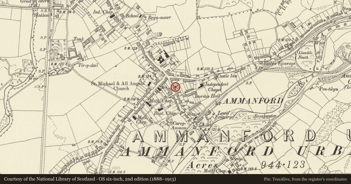 Ordnance Survey six-inch map, 2nd edition (1888–1913) covering the location of The Post Office, Ammanford, Carmarthenshire, with a pin at the register's coordinates