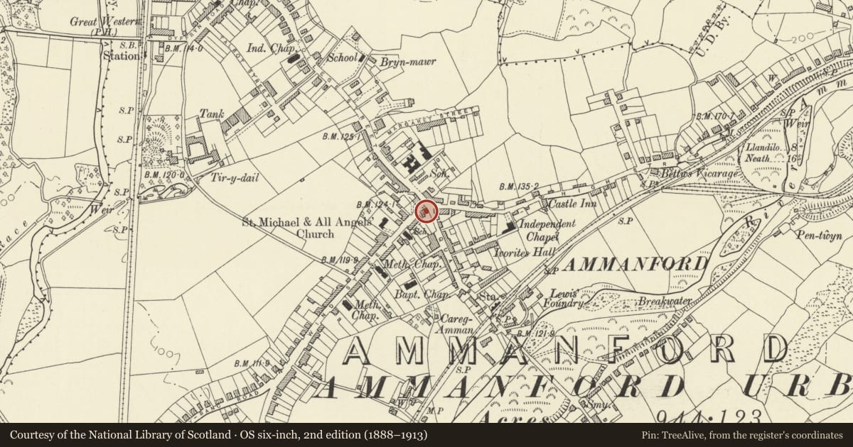 Ordnance Survey six-inch map, 2nd edition (1888–1913) covering the location of Lloyds Bank Building, Ammanford, Carmarthenshire, with a pin at the register's coordinates
